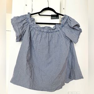 Blue and White Striped Off Shoulder Top with Layered Back Closure